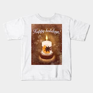 Happy Holidays greeting Burning candle among magic lights Kids T-Shirt